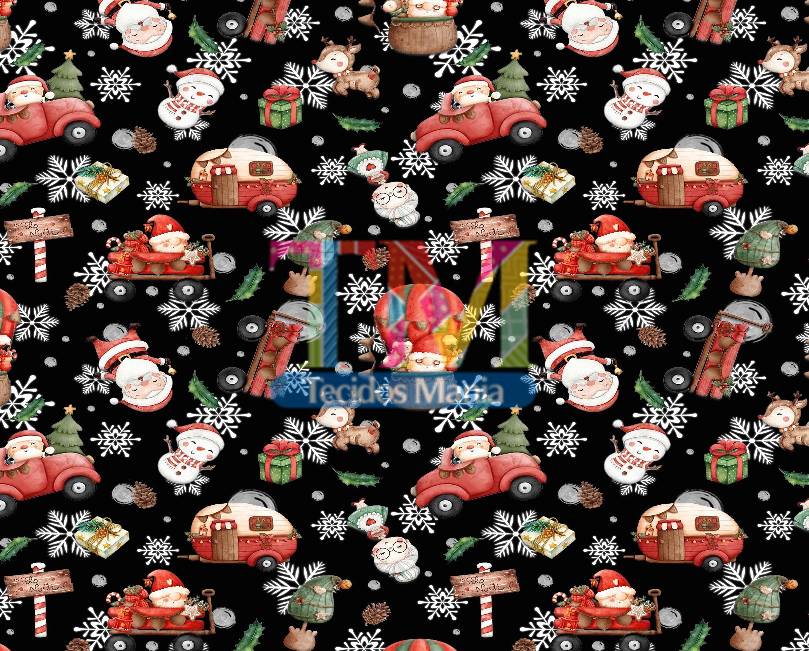 Sintético doll estampado - Papai Noel e flocos de neve - aquarela - fundo preto