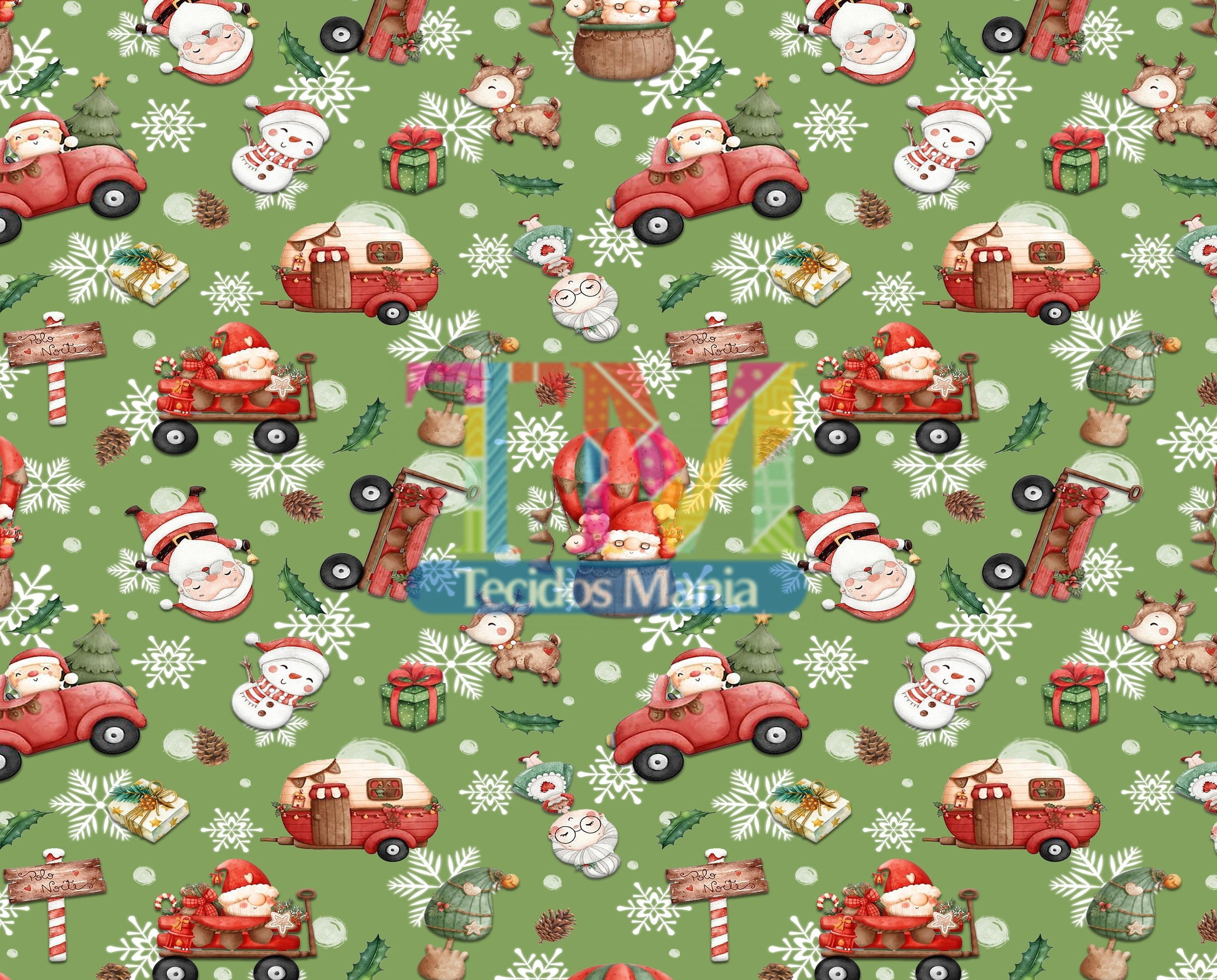 Sintético doll estampado - Papai Noel e flocos de neve - aquarela - fundo verde