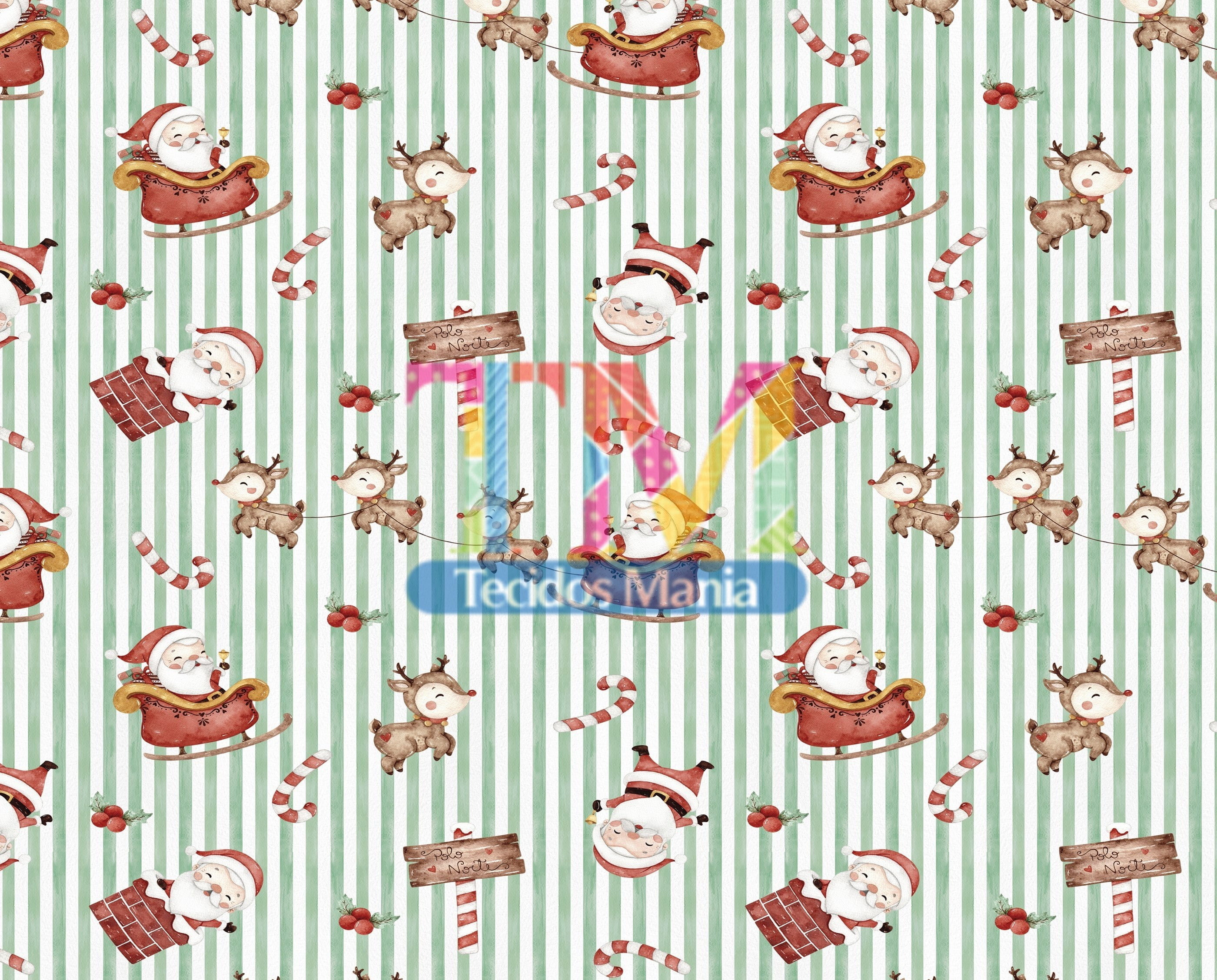 Sintético doll estampado - Papai Noel e Renas - aquarela - fundo listrado