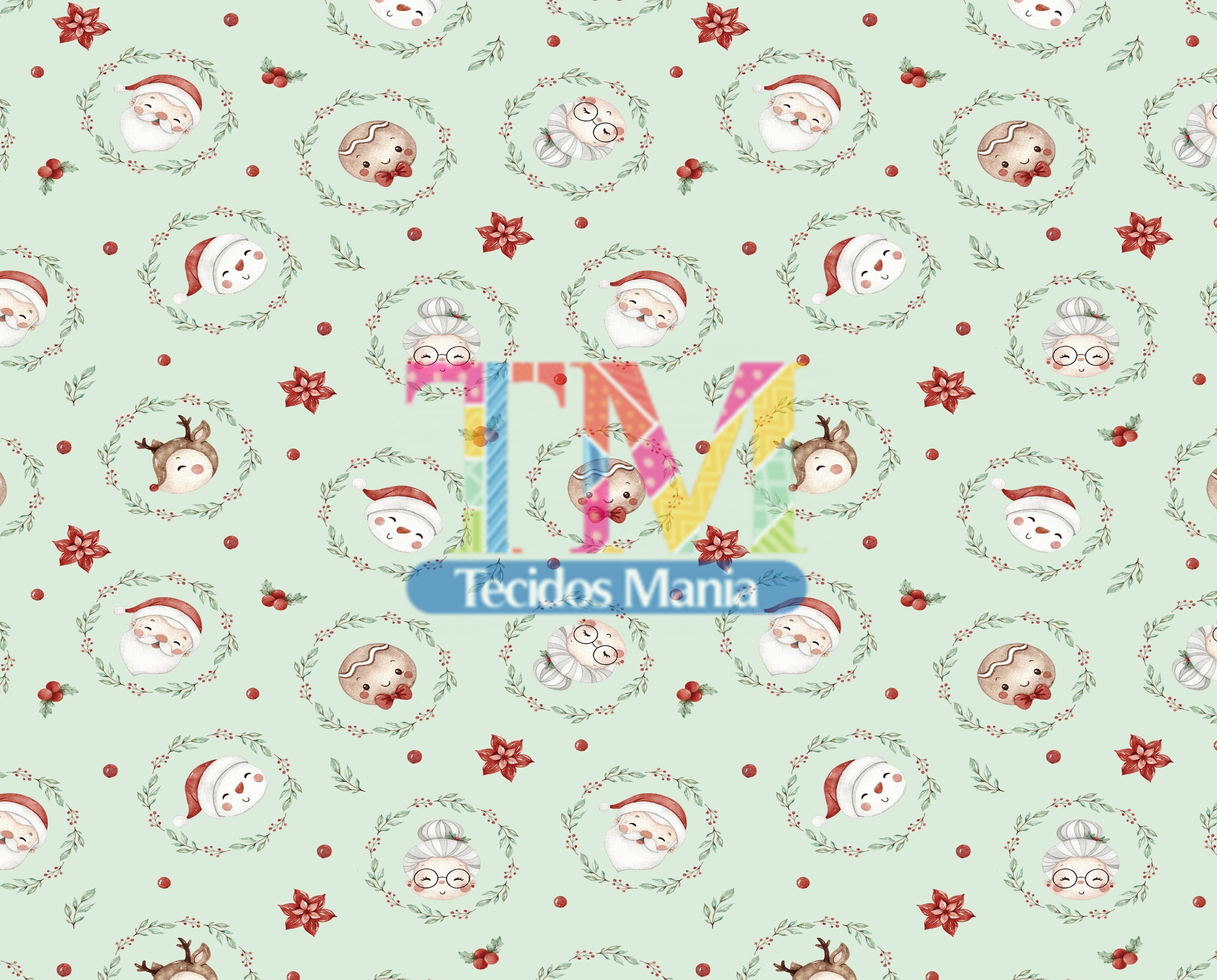 Sintético doll estampado - Papai Noel e seus amigos - aquarela - fundo arabesco verde