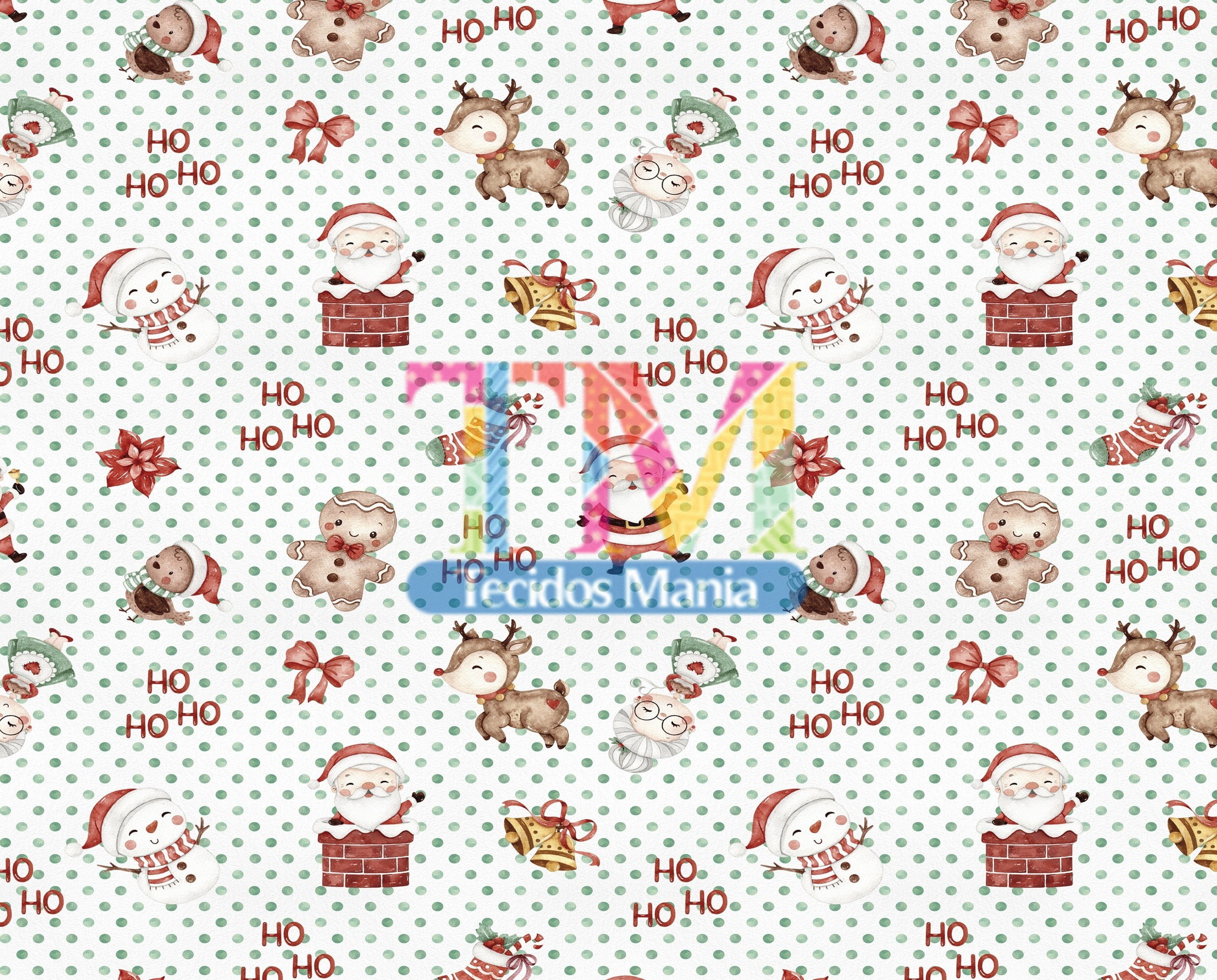 Sintético doll estampado - Papai Noel e seus amigos - aquarela - fundo poá verde