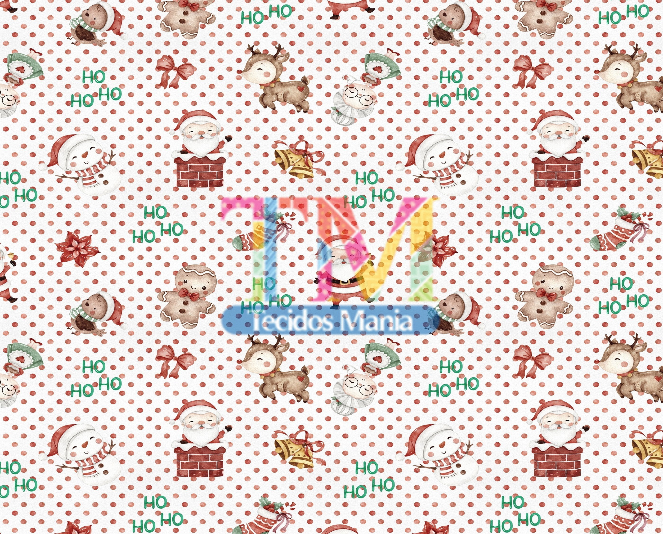 Sintético doll estampado - Papai Noel e seus amigos - aquarela - fundo poá vermelho