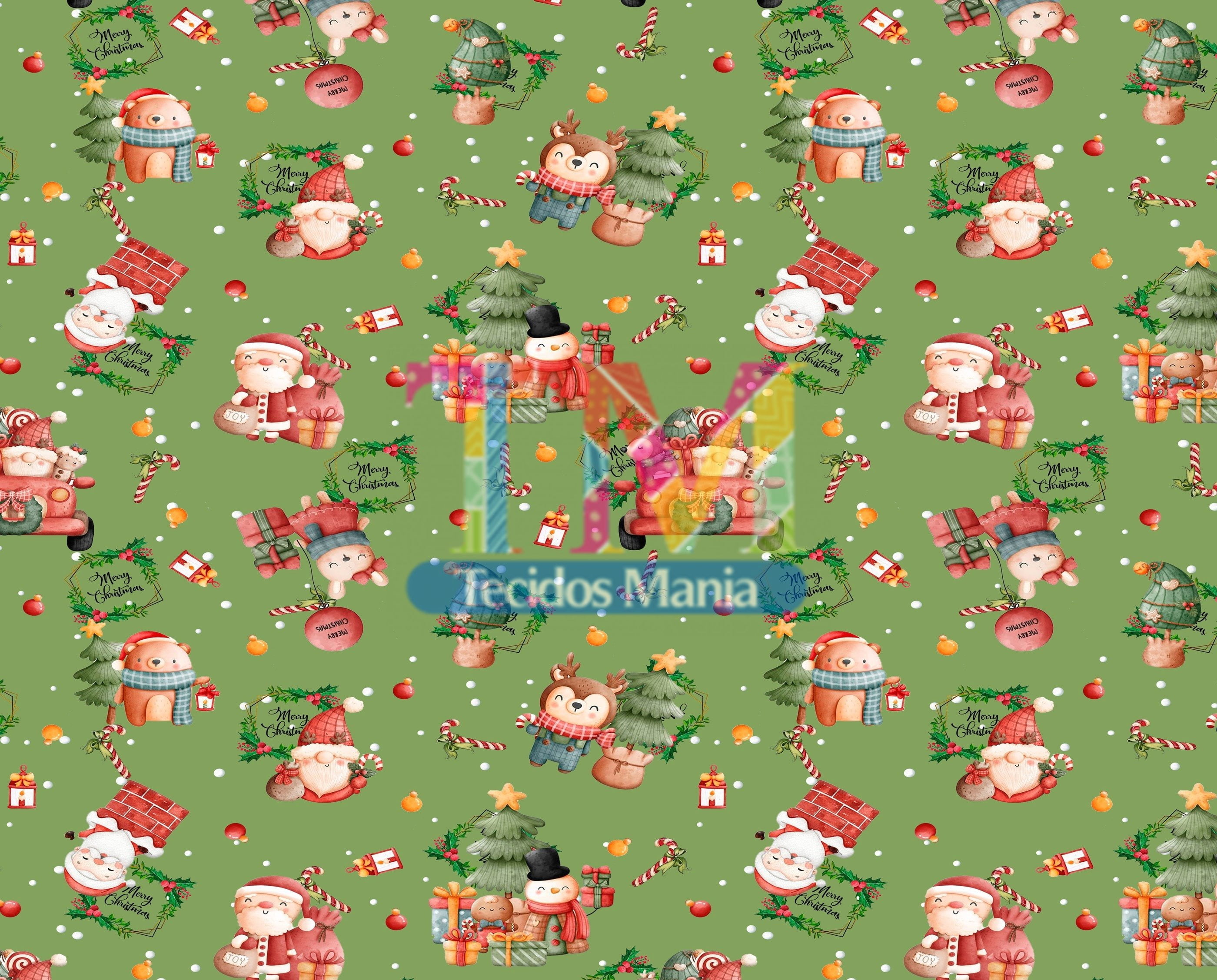 Sintético doll estampado - Papai Noel e seus bichinhos - aquarela - fundo verde