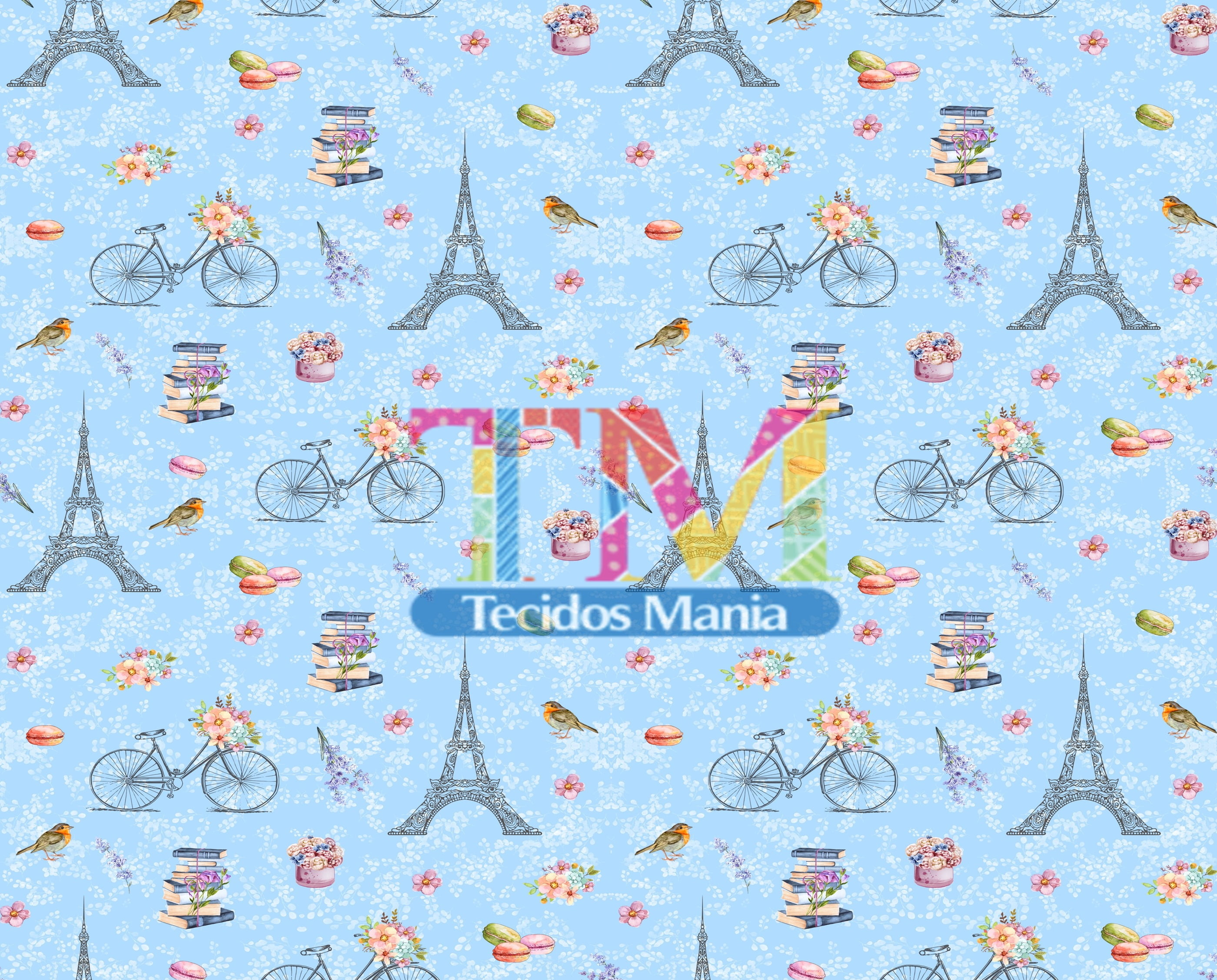 Sintético doll estampado - Paris - Fundo Azul