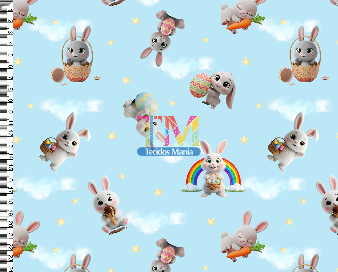 Sintético doll estampado - Páscoa - coelho baby - fundo azul