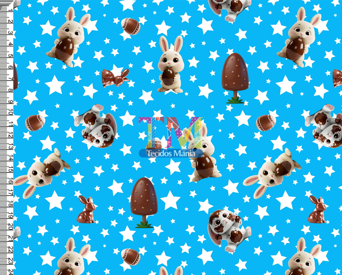 Sintético doll estampado - Páscoa - coelho e chocolate - fundo azul