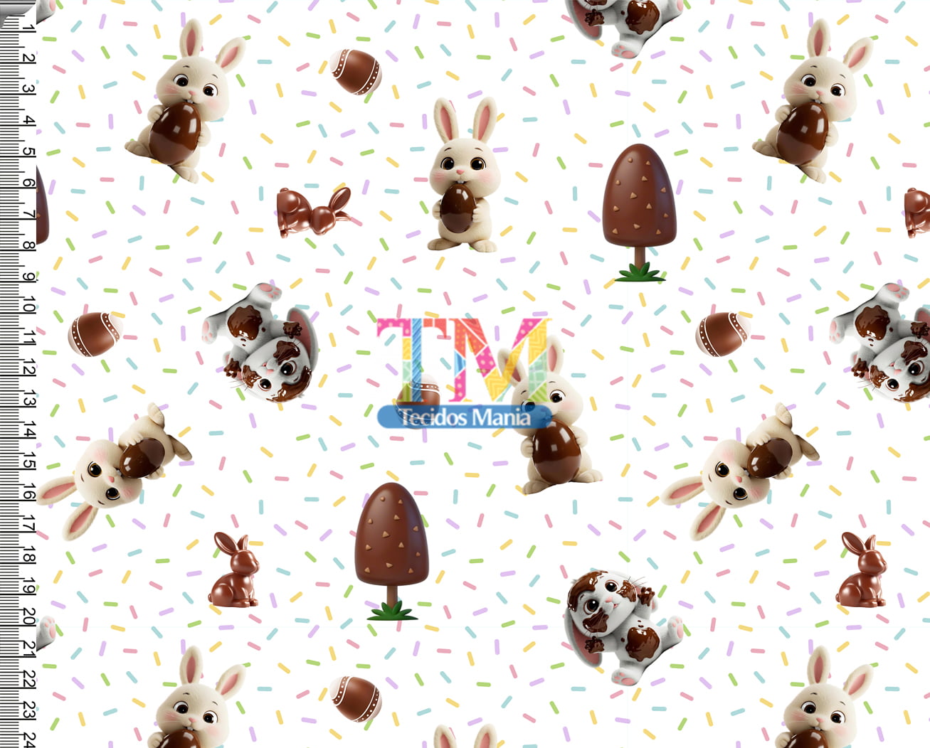 Sintético doll estampado - Páscoa - coelho e chocolate - fundo granulado