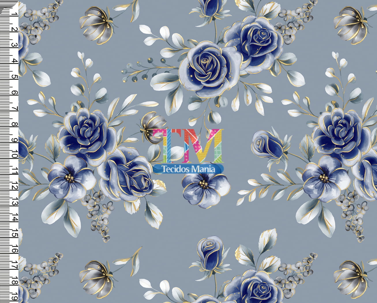 Sintético doll estampado  - Rosas - Azul com Dourado - Fundo cinza