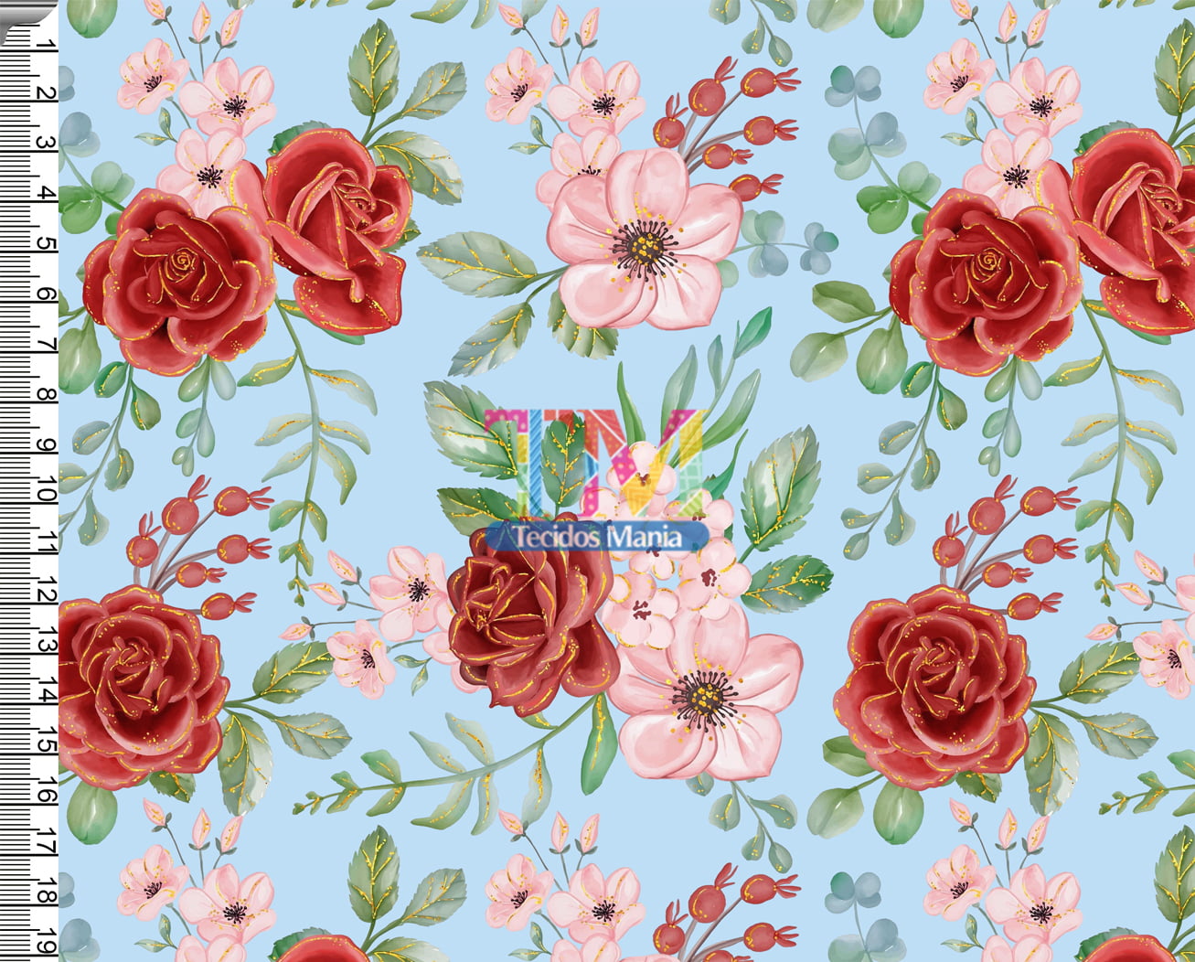 Sintético doll estampado  - Rosas Lari - Fundo Azul Celeste