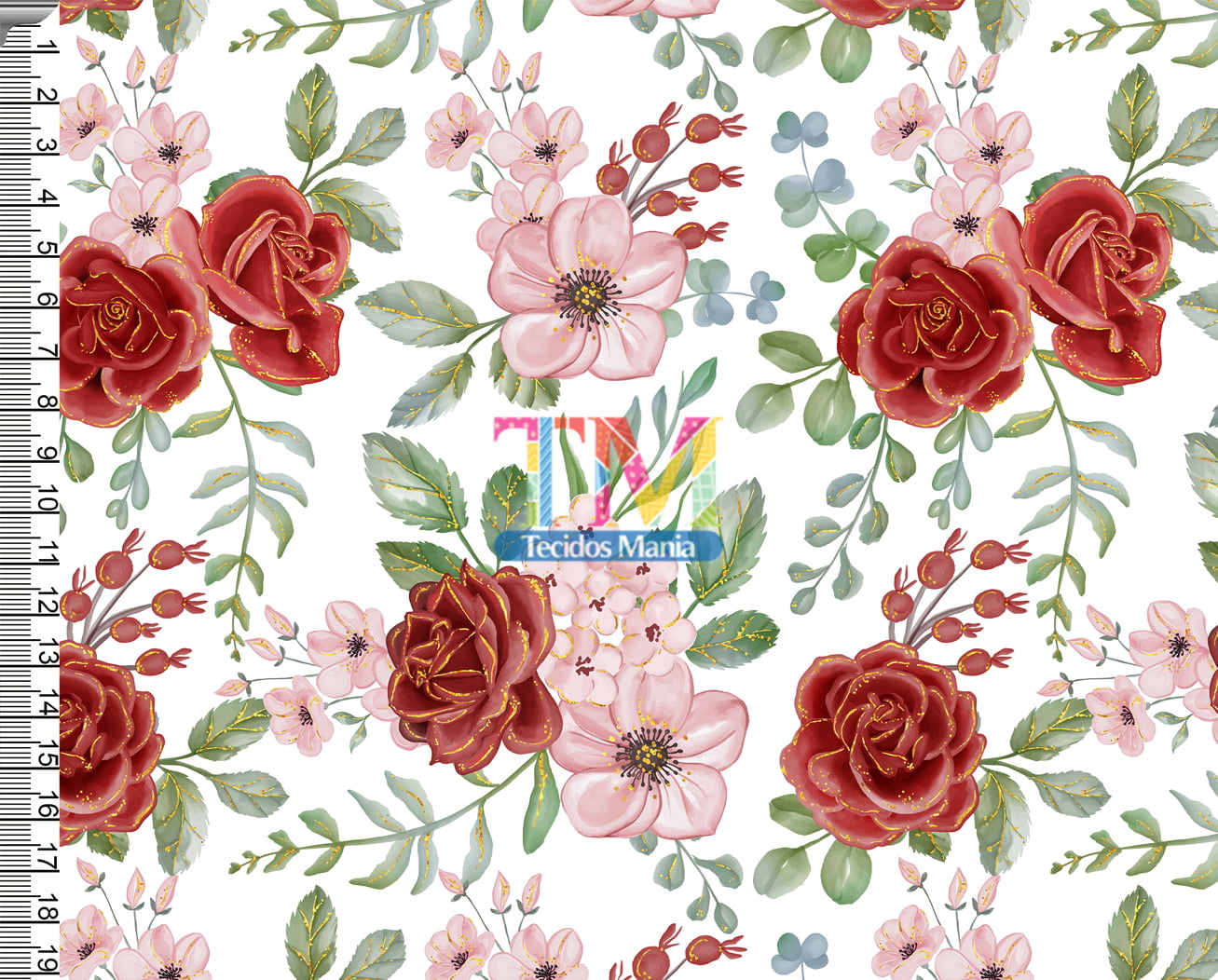Sintético doll estampado  - Rosas Lari - Fundo Branco