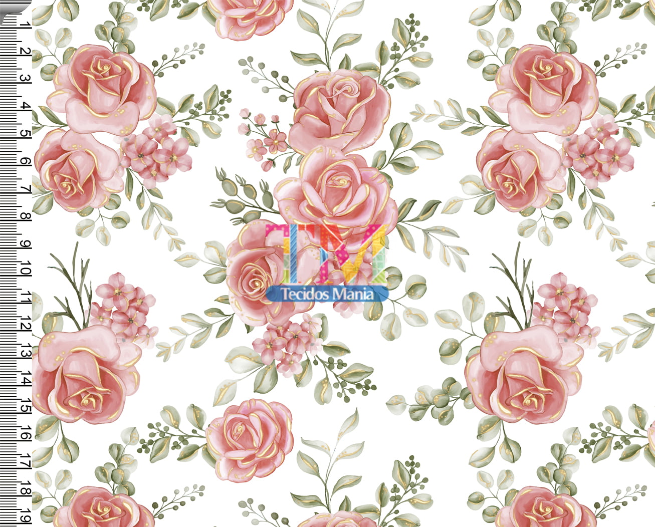 Sintético doll estampado  - Rosas - Rosa Bebê com Dourado