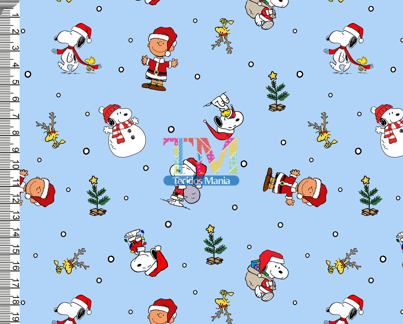 Sintético doll estampado -  Snoopy e Charlie Brown Natal - Fundo Azul