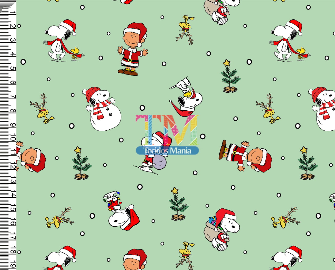 Sintético doll estampado -  Snoopy e Charlie Brown natal - Verde Acqua