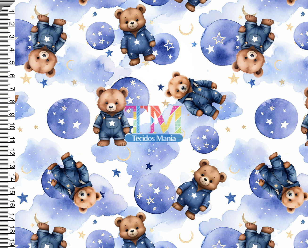 Sintético doll estampado - Ursinho - Estrelas - Fundo Branco