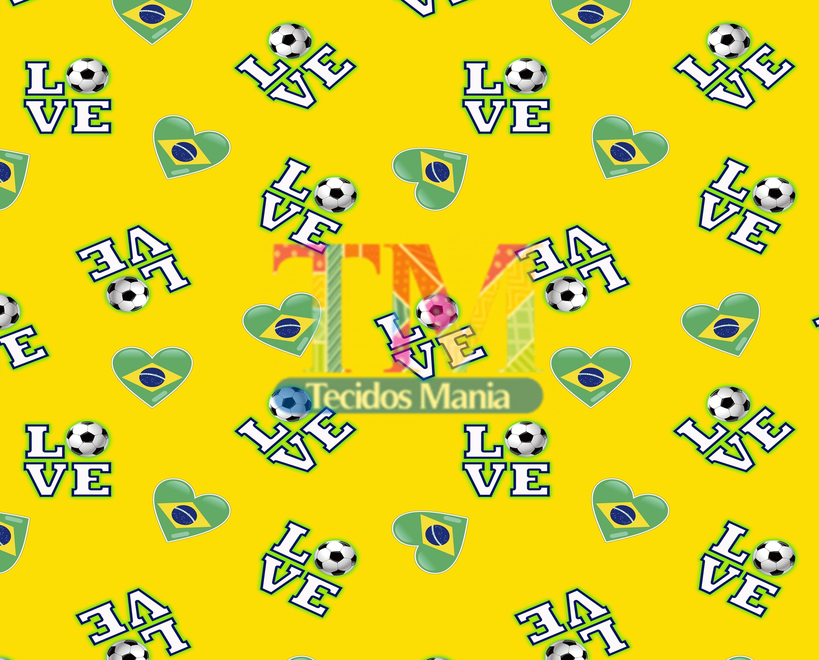 Tecido tricoline, microfibra ou gabardine estampado - Brasil - Love - Fundo Amarelo