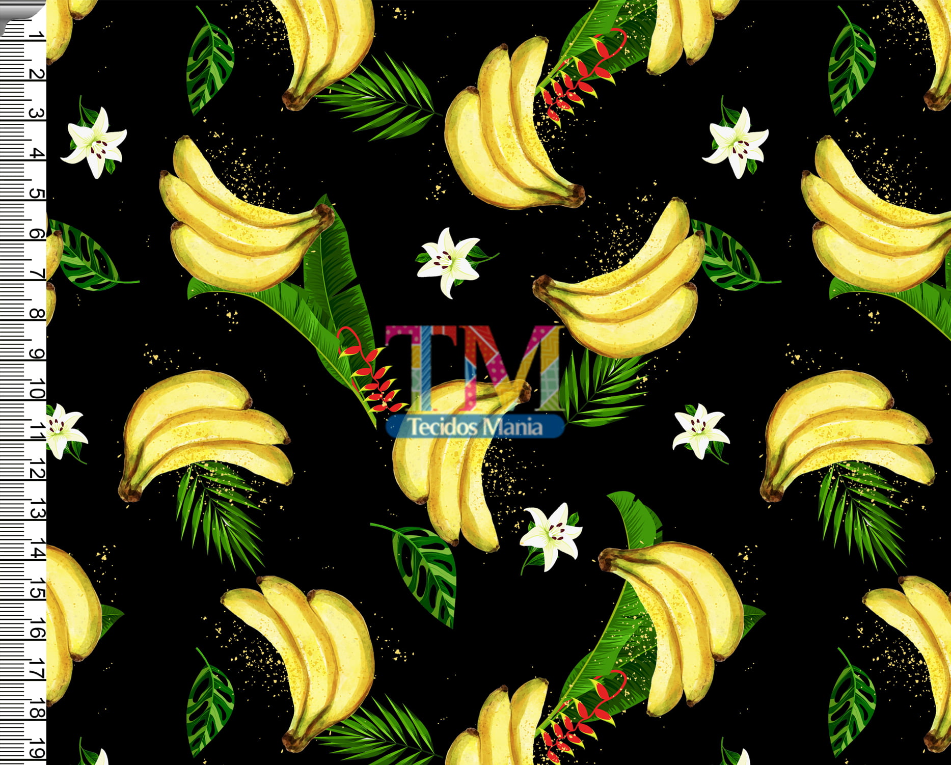 Tecido tricoline, microfibra ou gabardine estampado - bananas - fundo preto