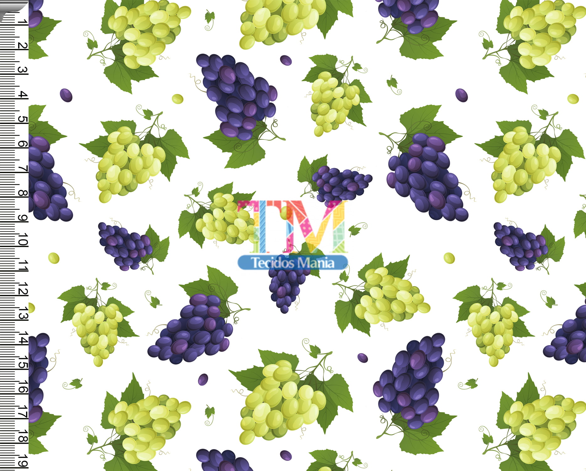 Tecido tricoline, microfibra ou gabardine estampado - Cacho de uvas roxas e verdes - fundo branco