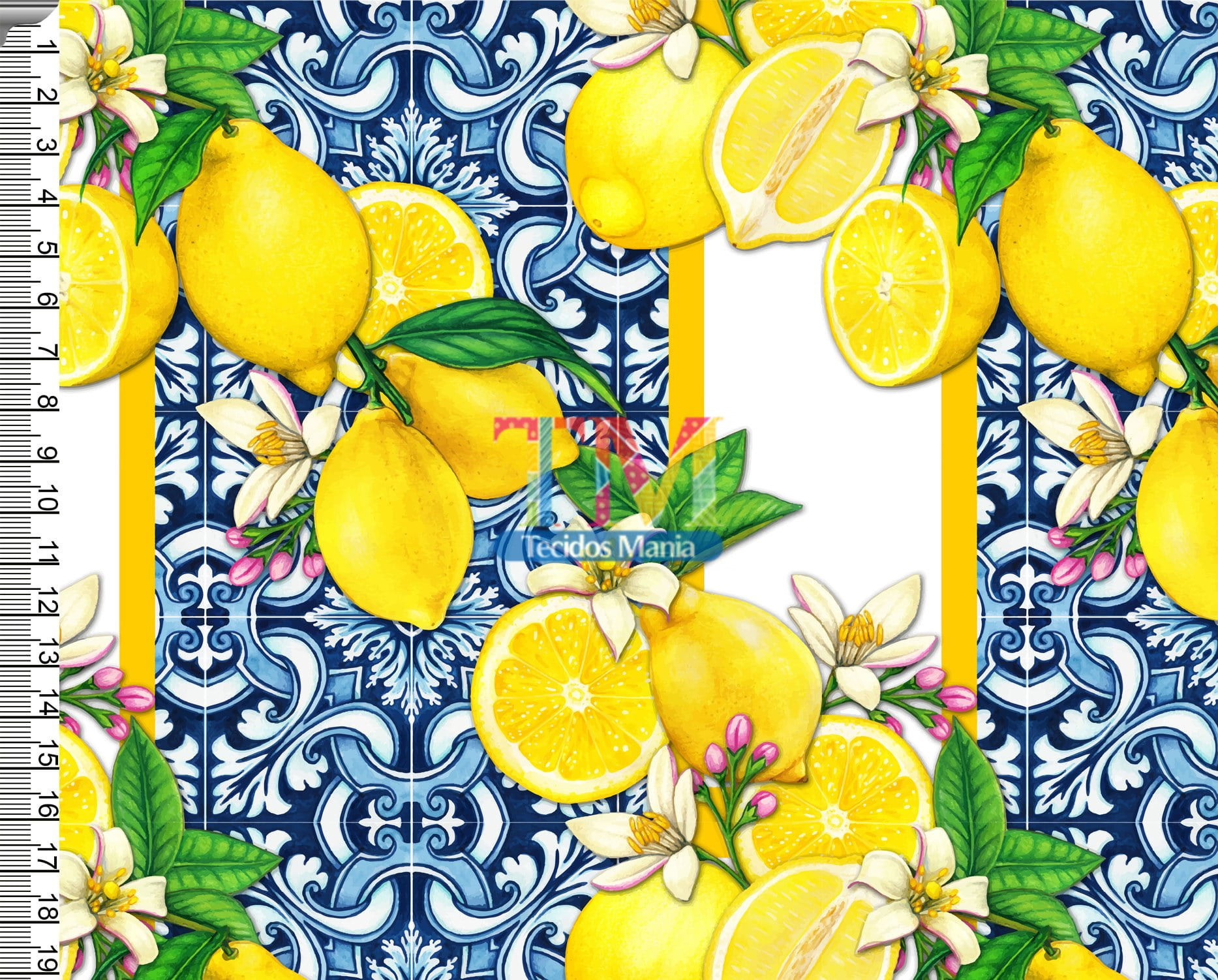 Tecido tricoline, microfibra ou gabardine estampado - limão siciliano - fundo azulejo português