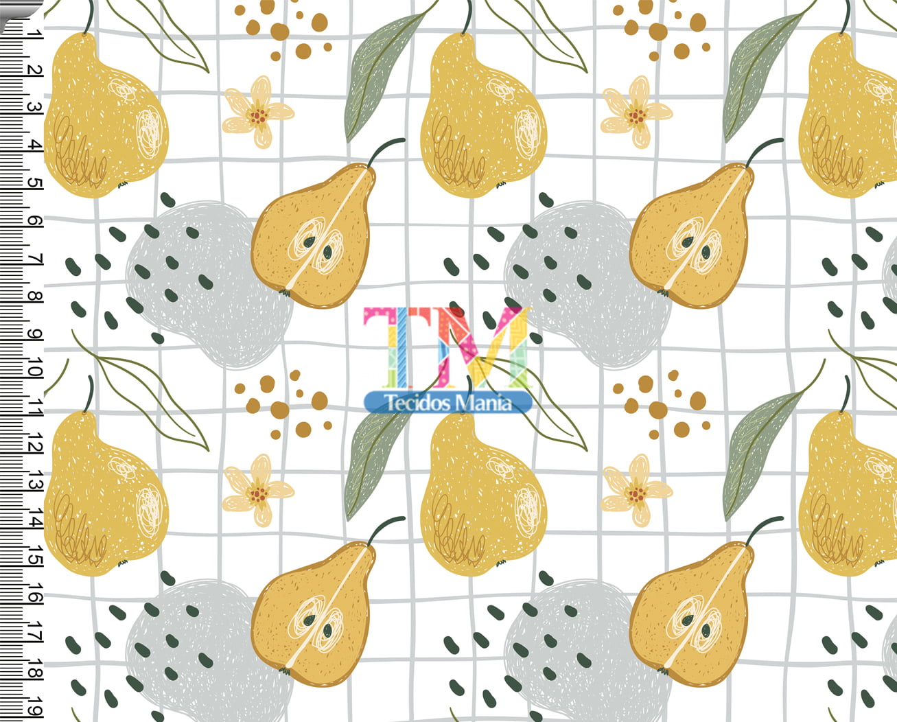Tecido tricoline, microfibra ou gabardine estampado -  Pera - quadriculado - fundo branco
