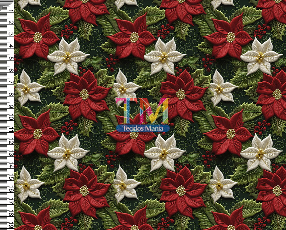Tecido tricoline, microfibra ou gabardine estampado - Natal - flores natalina - bordado - 3d