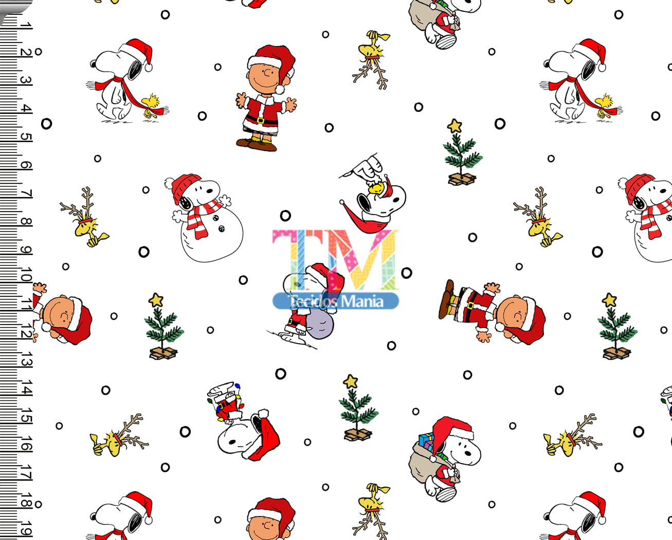 Tecido tricoline, microfibra ou gabardine estampado - Snoopy e Charlie Brown Natal - Fundo Branco