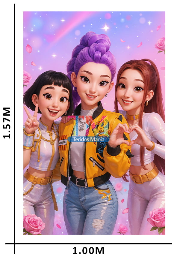 Tecido microfibra estampado - Painel de Festa - Guerreiras do K-pop - Huntrix