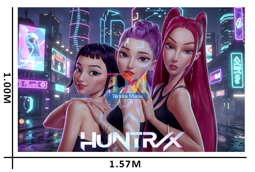Tecido microfibra estampado - Painel de Festa - Guerreiras do K-pop -Huntrix - Efeito Neon