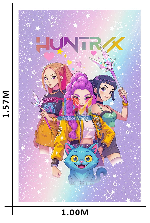 Tecido microfibra estampado - Painel de Festa - Guerreiras do K-pop - Huntrix - estrelar - fundo Degradê