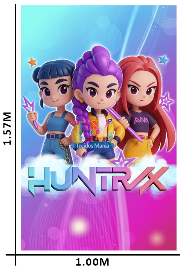 Tecido microfibra estampado - Painel de Festa - Guerreiras do K-pop -Huntrix - Funko