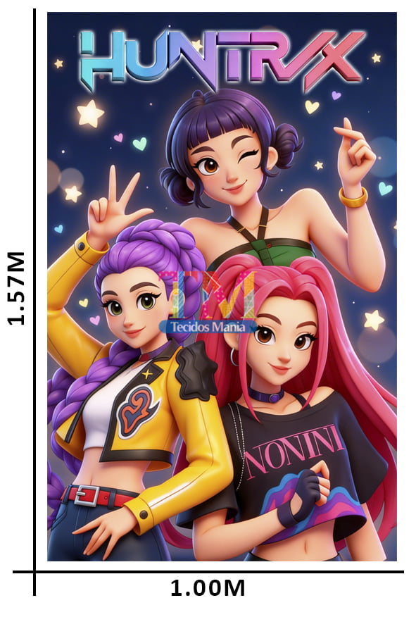 Tecido microfibra estampado - Painel de Festa - Guerreiras do K-pop -Huntrix - Love