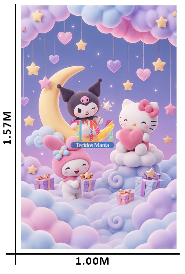 Tecido microfibra estampado - Painel de Festa - Hello Kitty - Nuvens