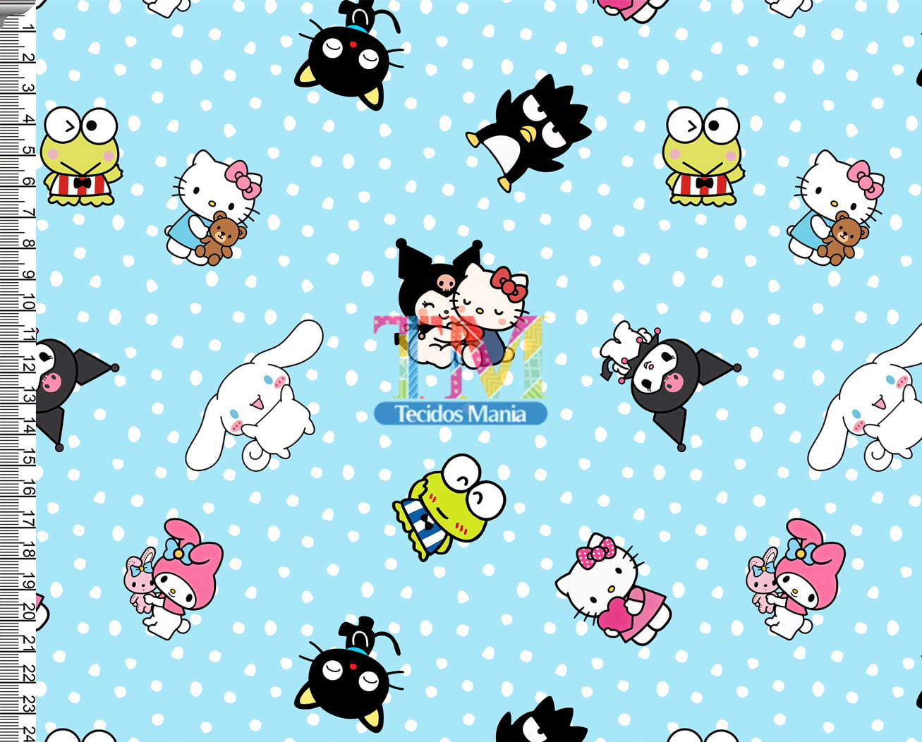 Tecido tricoline, microfibra ou gabardine estampado - Hello Kitty - Amigos - Poá Azul