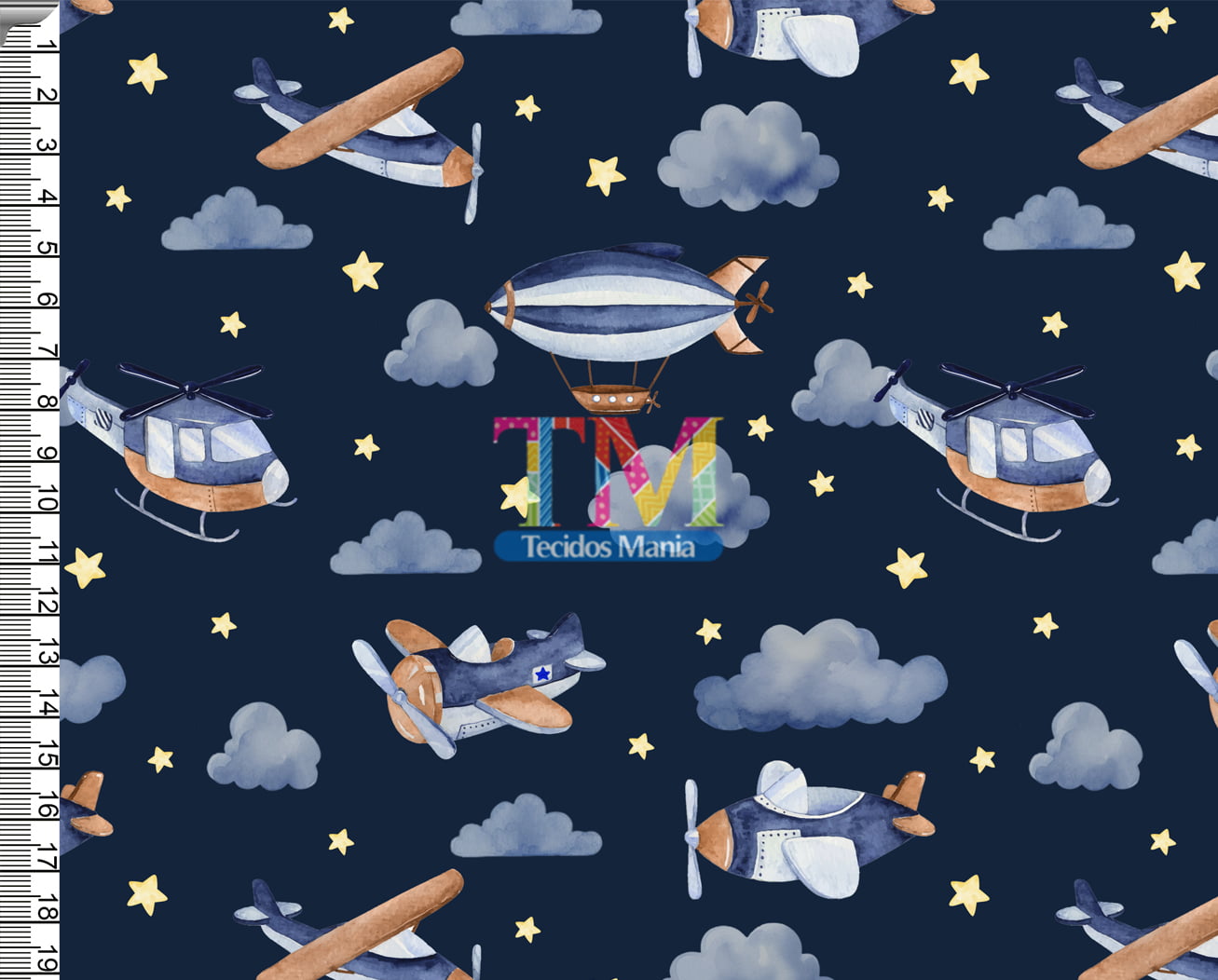 Tecido tricoline, microfibra ou gabardine estampado - Aeronaves aquareladas - fundo Azul Marinho