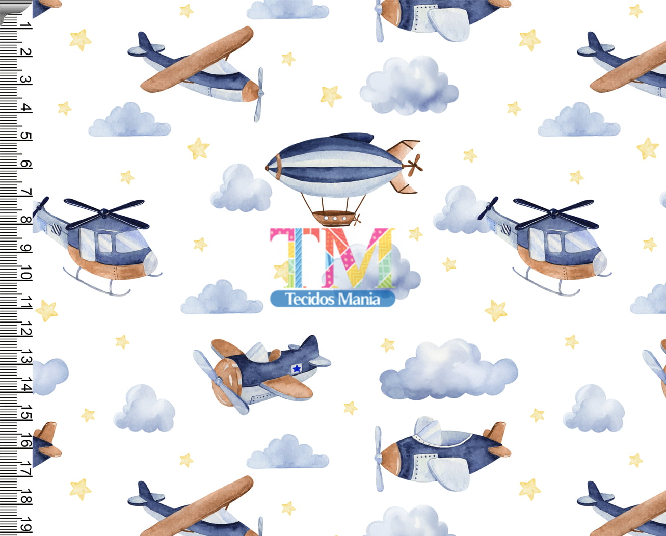 Tecido tricoline, microfibra ou gabardine estampado - Aeronaves aquareladas - fundo branco
