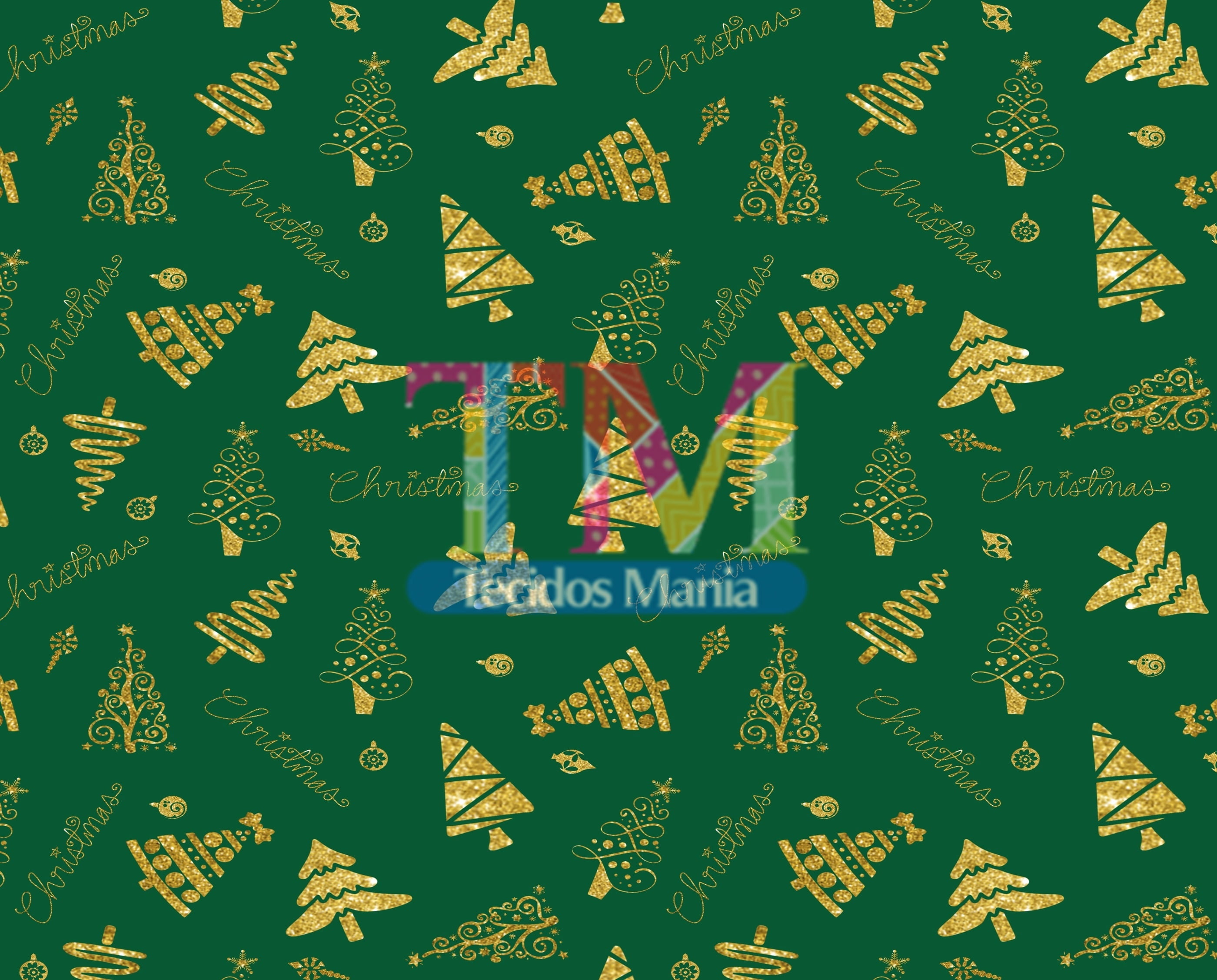 Tecido tricoline, microfibra ou gabardine estampado - Árvore de Natal dourada - fundo verde