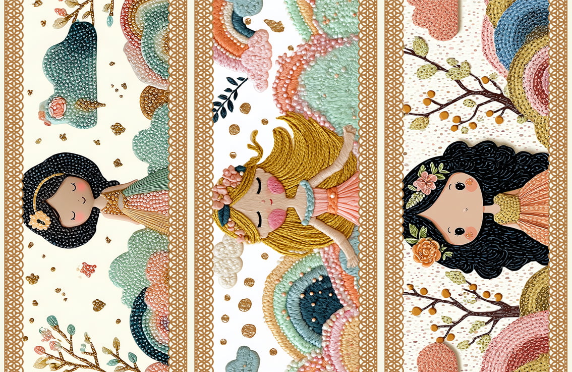 Tecido tricoline, microfibra ou gabardine estampado - Barrado 3D - Bordado - Princesas