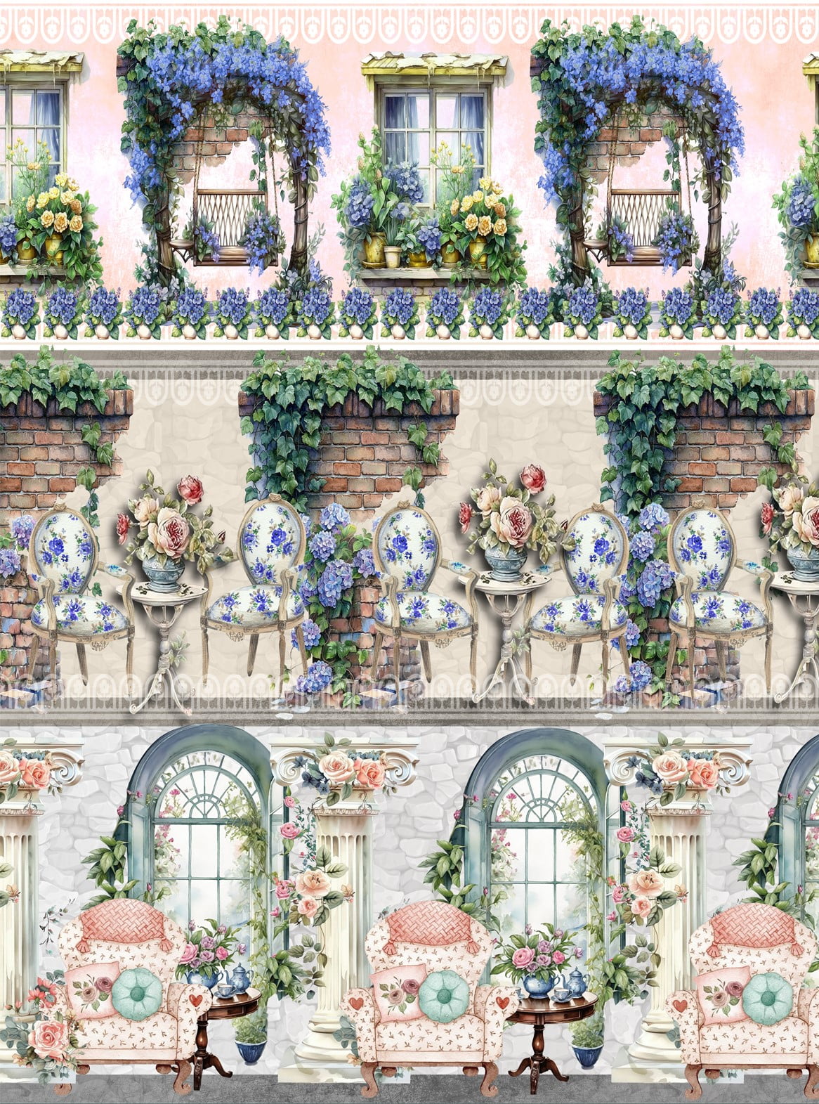 Tecido tricoline, microfibra ou gabardine estampado - Barrado 3D - Flores na janela primavera