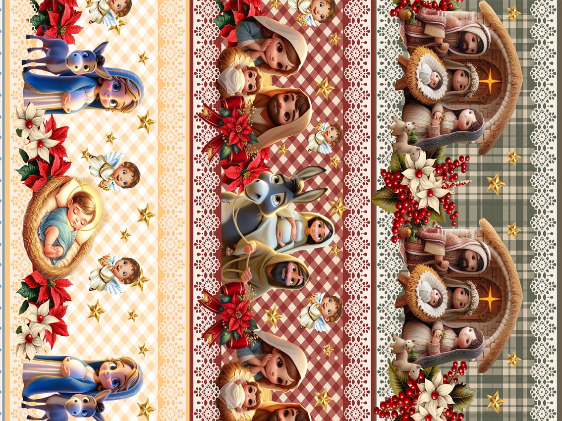 Tecido tricoline, microfibra ou gabardine estampado - Barrado 3D - Jesus Presépio
