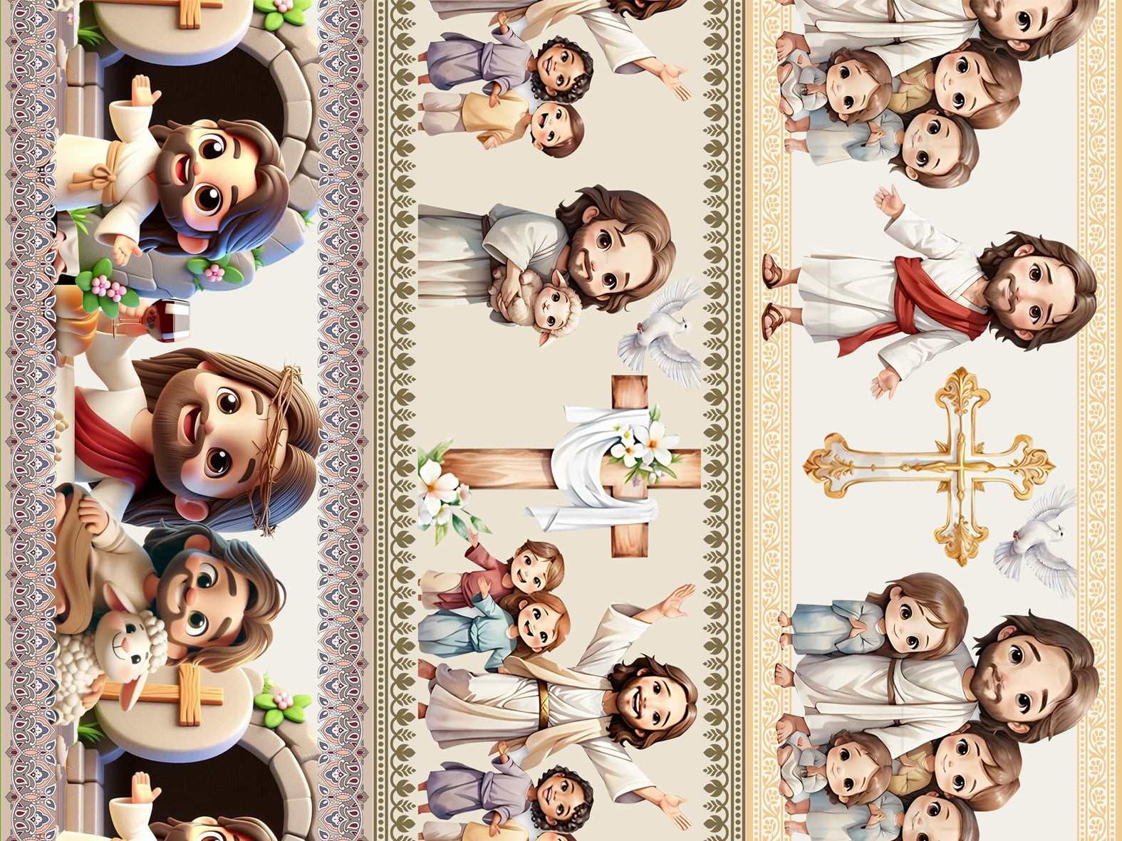 Tecido tricoline, microfibra ou gabardine estampado - Barrado 3D - Jesus - Semana Santa