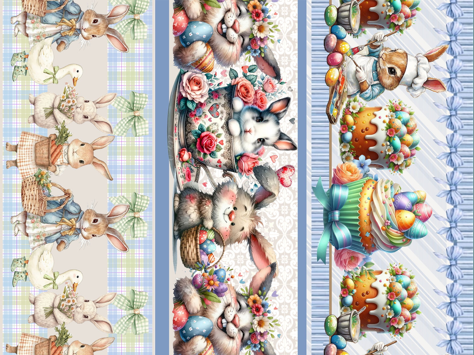 Tecido tricoline, microfibra ou gabardine estampado - Barrado 3D - Páscoa - Coelhos Azul