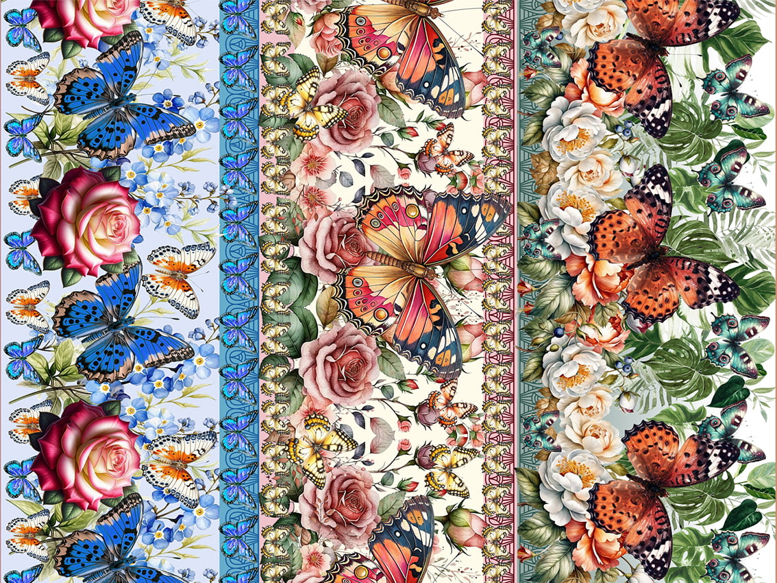 Tecido tricoline, microfibra ou gabardine estampado - Barrado 3D - Borboletas Flores