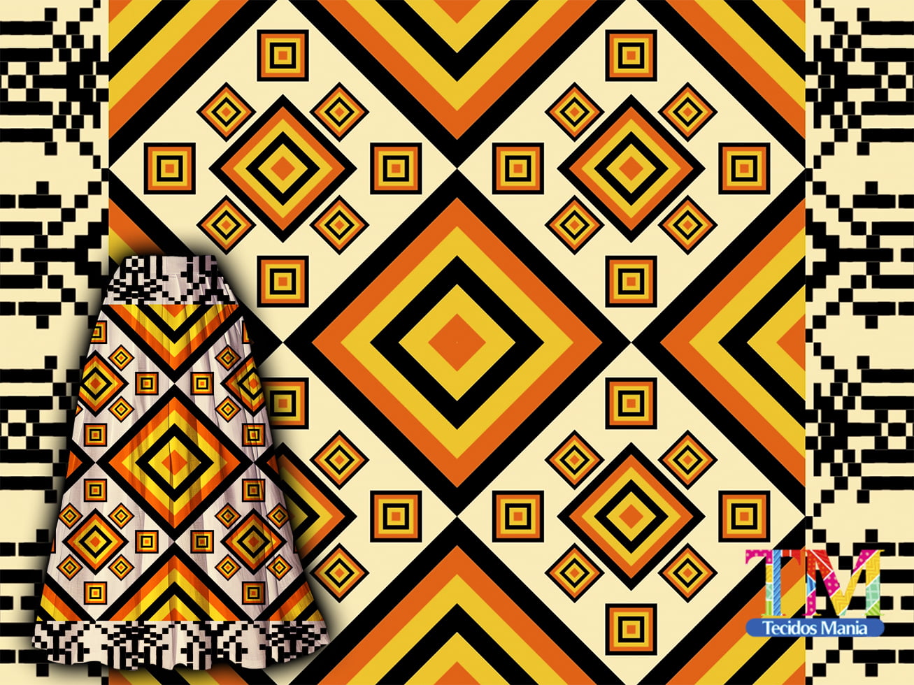 Tecido tricoline, microfibra ou gabardine estampado - Barrado - Africano - laranja e preto