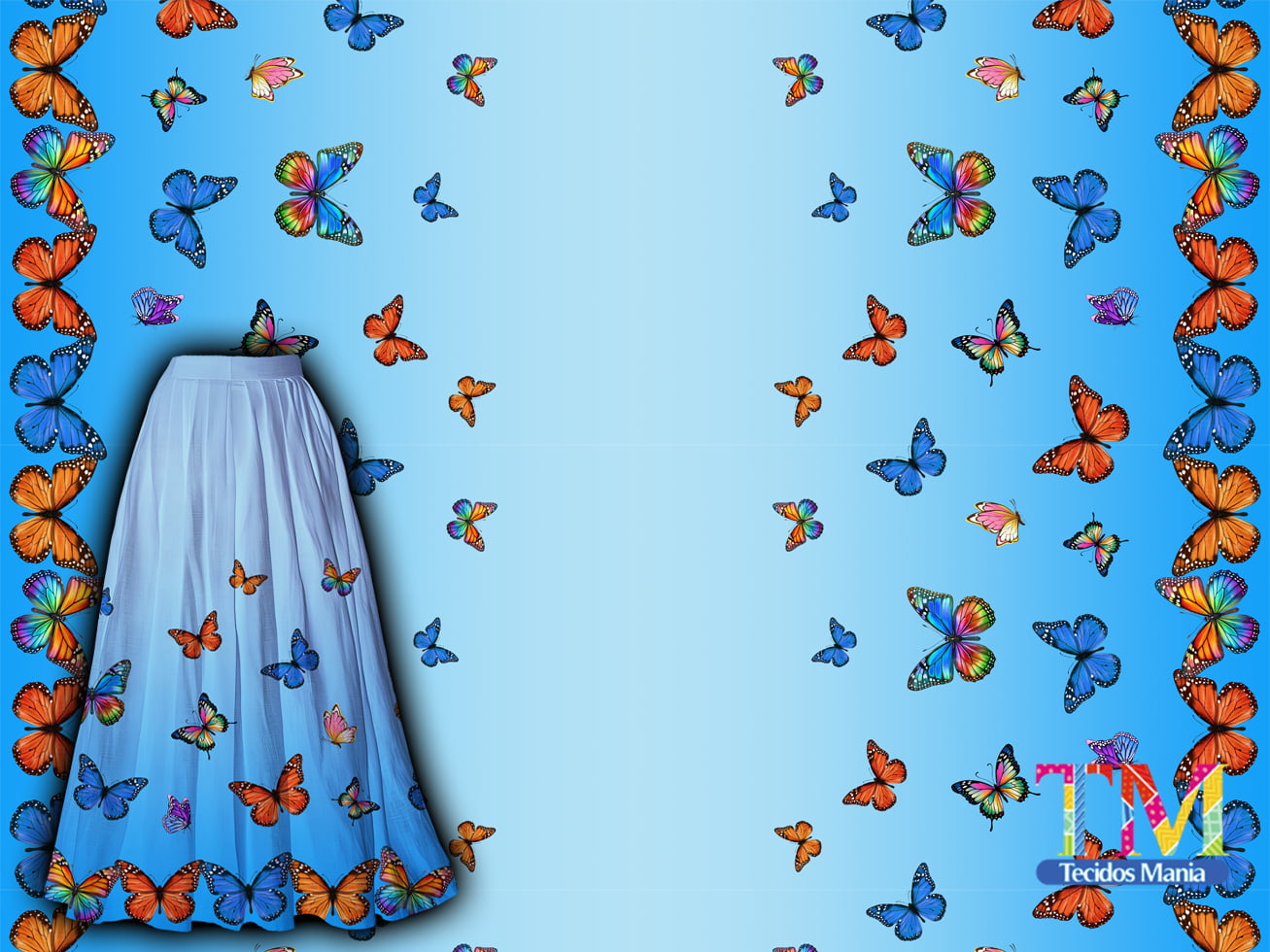 Tecido tricoline, microfibra ou gabardine estampado - Barrado - Borboletas - Degradê Azul