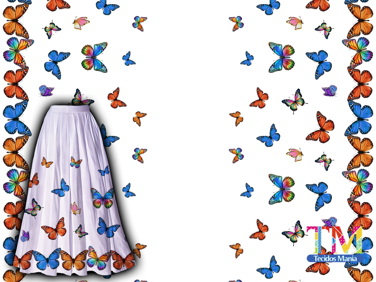 Tecido tricoline, microfibra ou gabardine estampado - Barrado - Borboletas - fundo branco