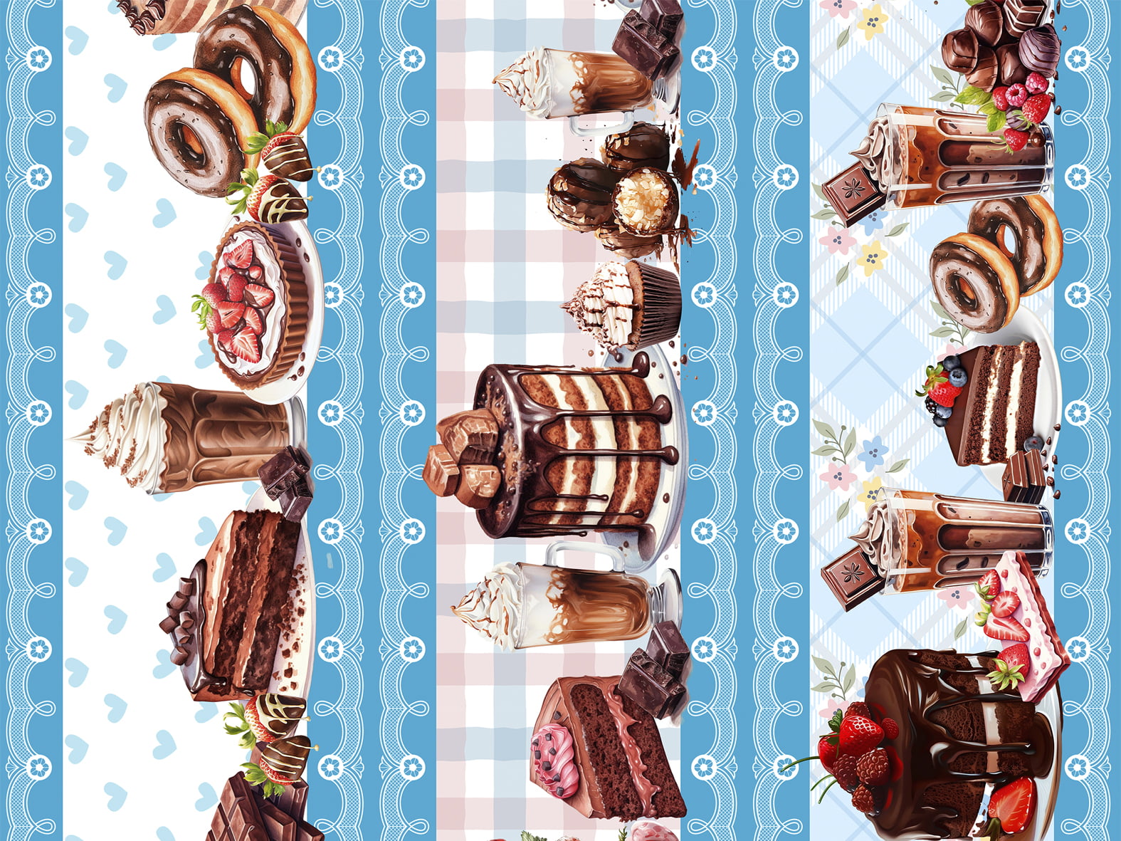 Tecido tricoline, microfibra ou gabardine estampado - Barrado - Chocolate e Bolos