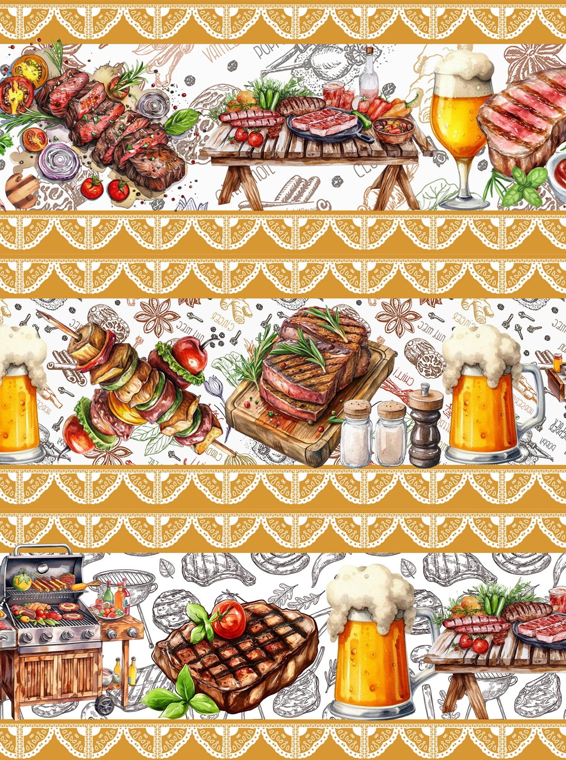 Tecido tricoline, microfibra ou gabardine estampado - Barrado - Churrasco Amarelo