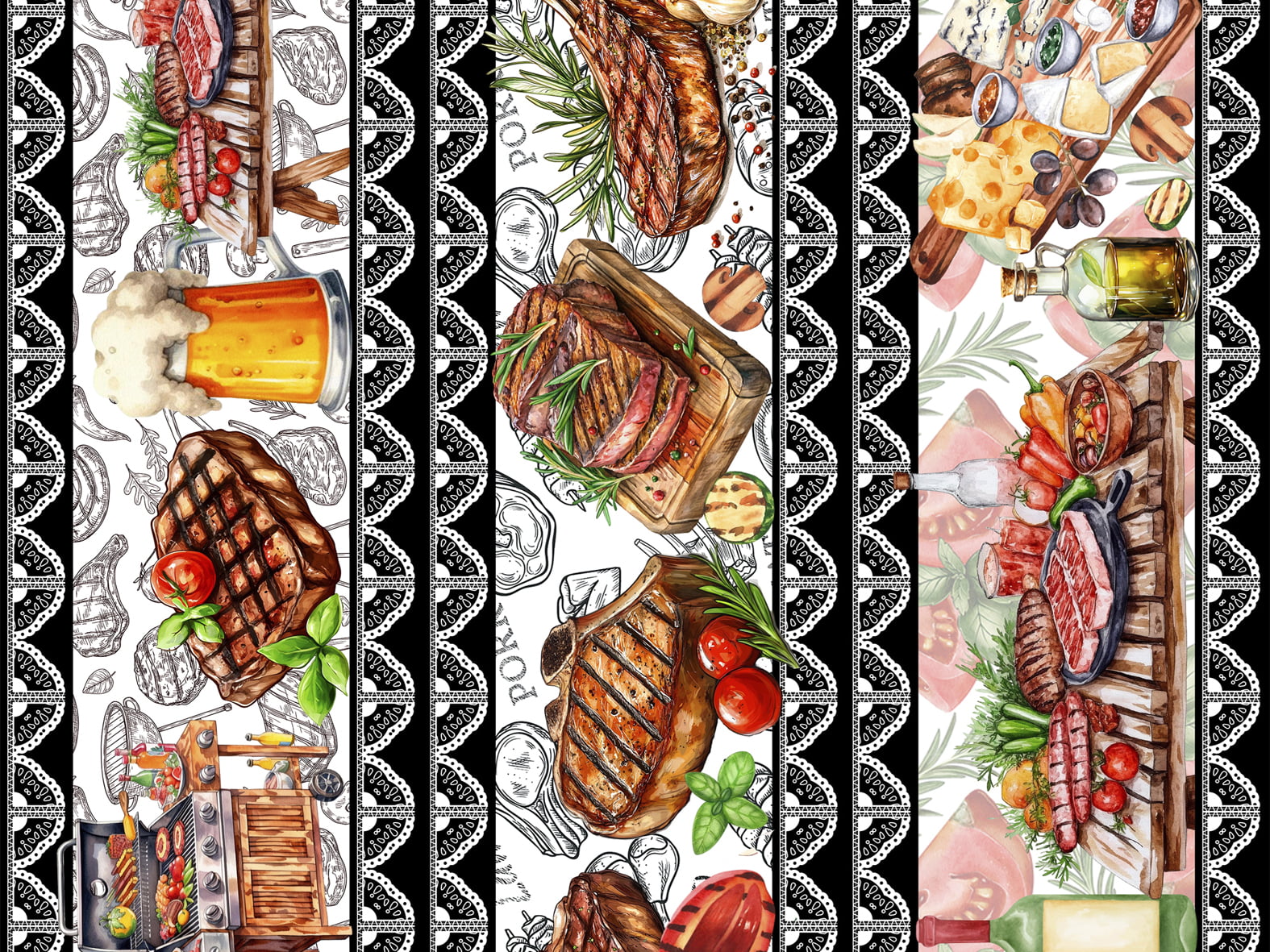 Tecido tricoline, microfibra ou gabardine estampado - Barrado - Churrasco Preto