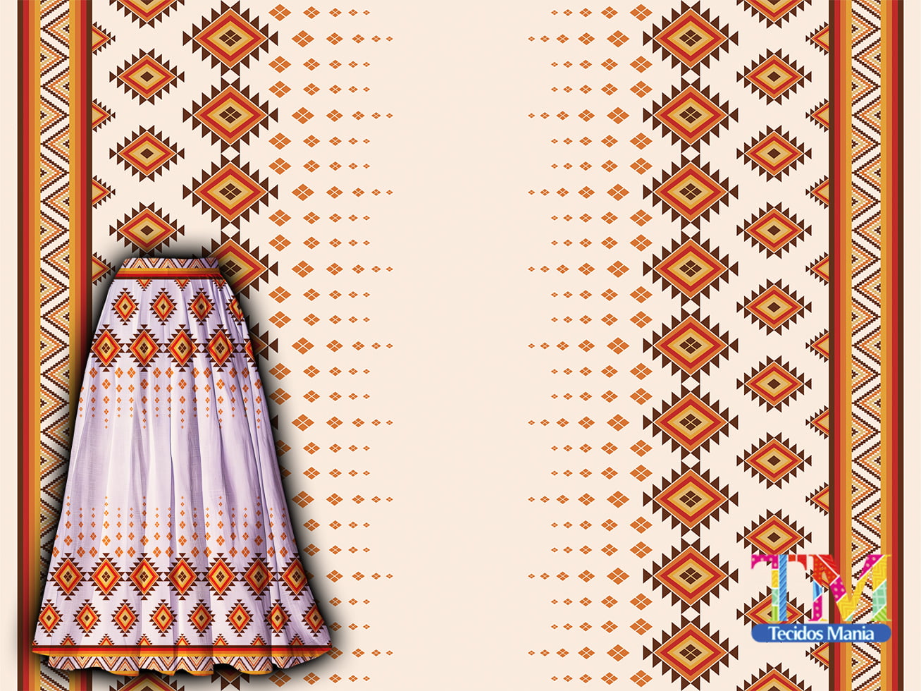 Tecido tricoline, microfibra ou gabardine estampado - Barrado - Étnico - geométrico abstrato - fundo bege