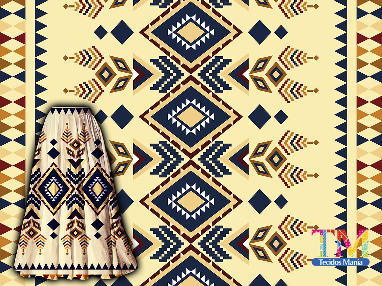 Tecido tricoline, microfibra ou gabardine estampado - Barrado - Étnico - navajo - azul e bege