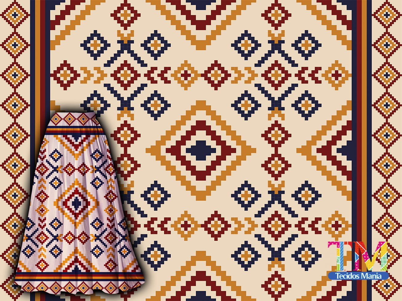 Tecido tricoline, microfibra ou gabardine estampado - Barrado - Étnico - navajo - vermelho e bege